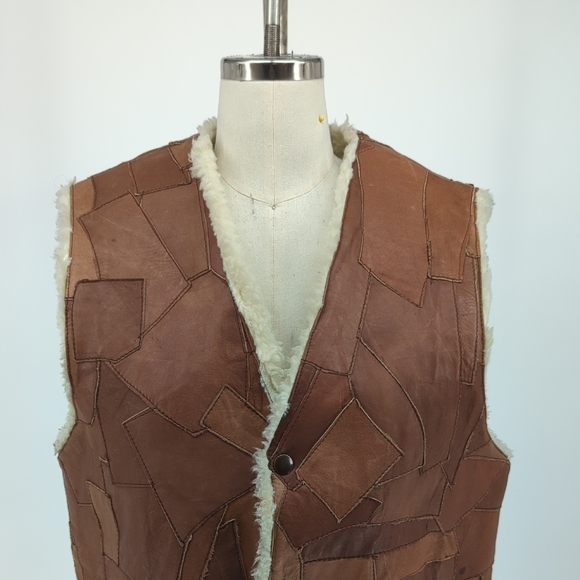Men's Patchwork Shearling Lining Leather Vest Brown 40 rustic winter bohemian - Picture 3 of 9